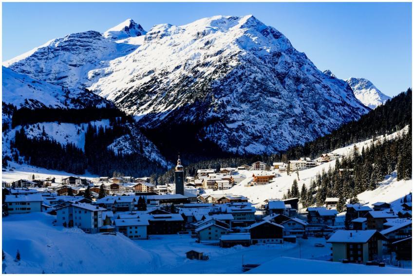 Scenic winter view of snow-covered Lech village wi