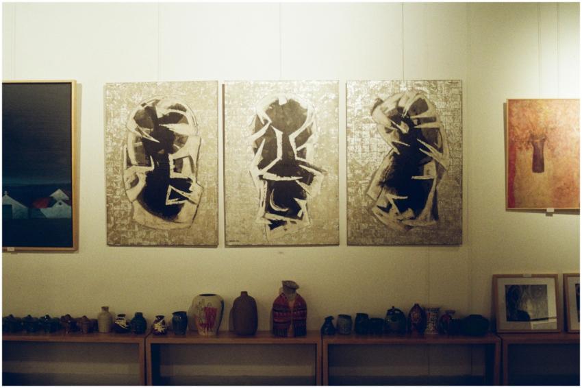 Explore a modern art exhibit featuring abstract an