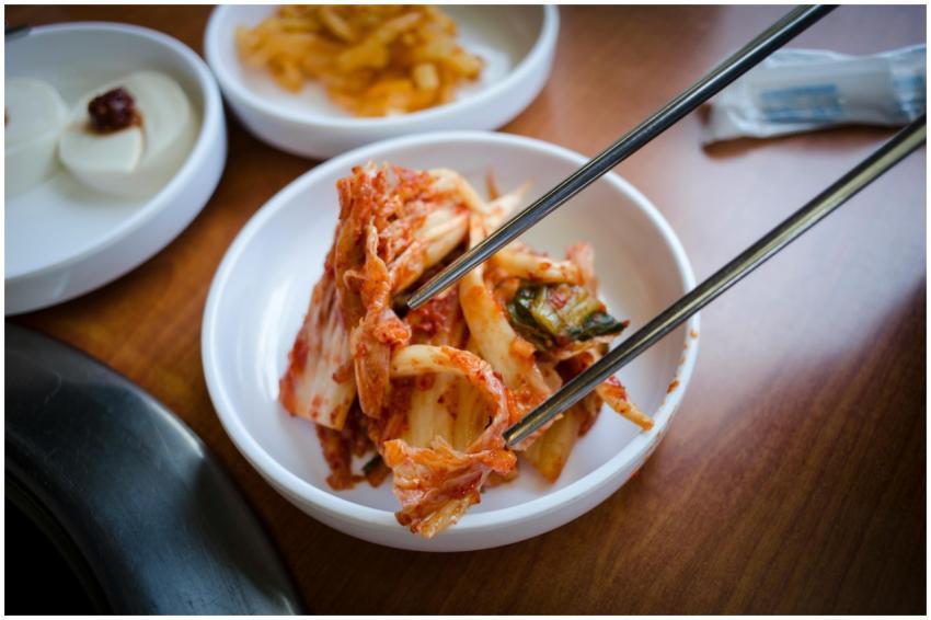 Close-up of traditional Korean kimchi in a ceramic