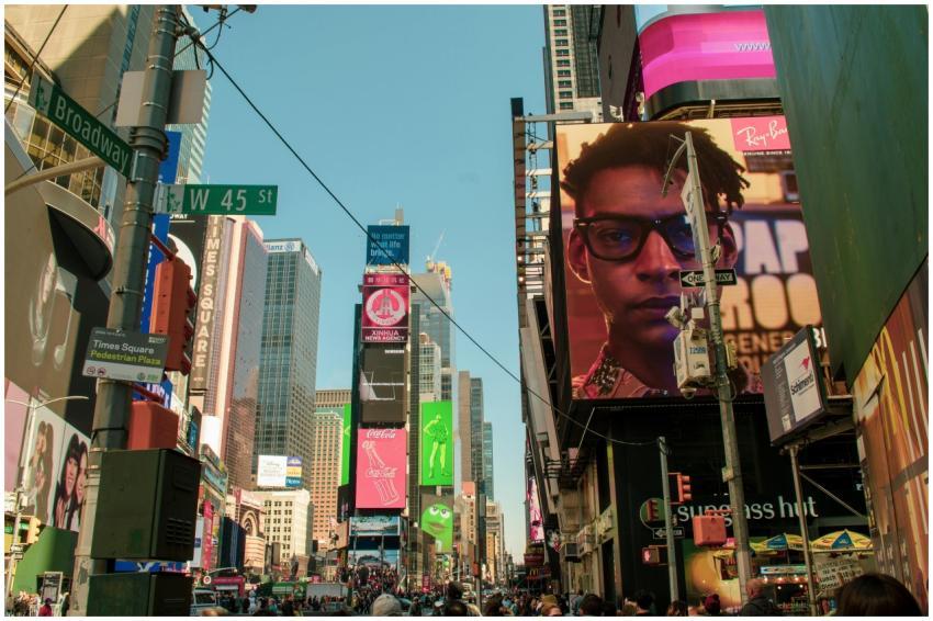 Lively daytime scene in Times Square, New York, sh