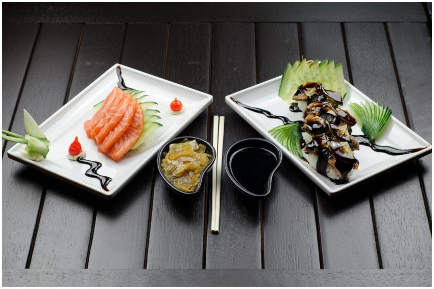Elegant display of Japanese sushi and sashimi on a