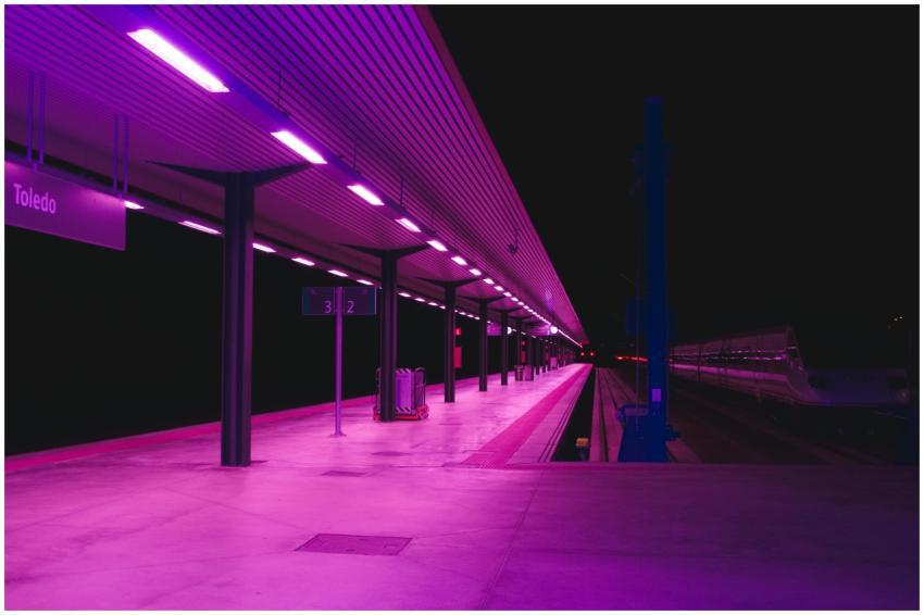 Explore the vibrant neon-lit train station platfor