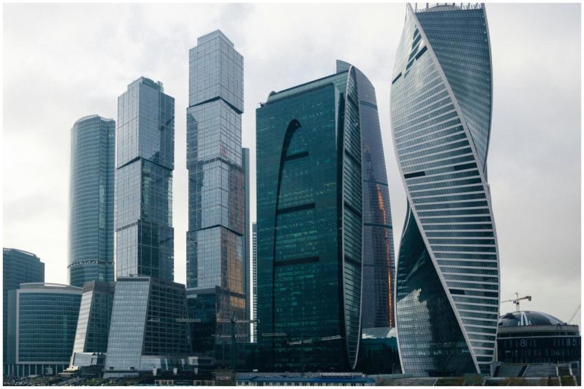 Aerial view of modern skyscrapers in Moscow, showc