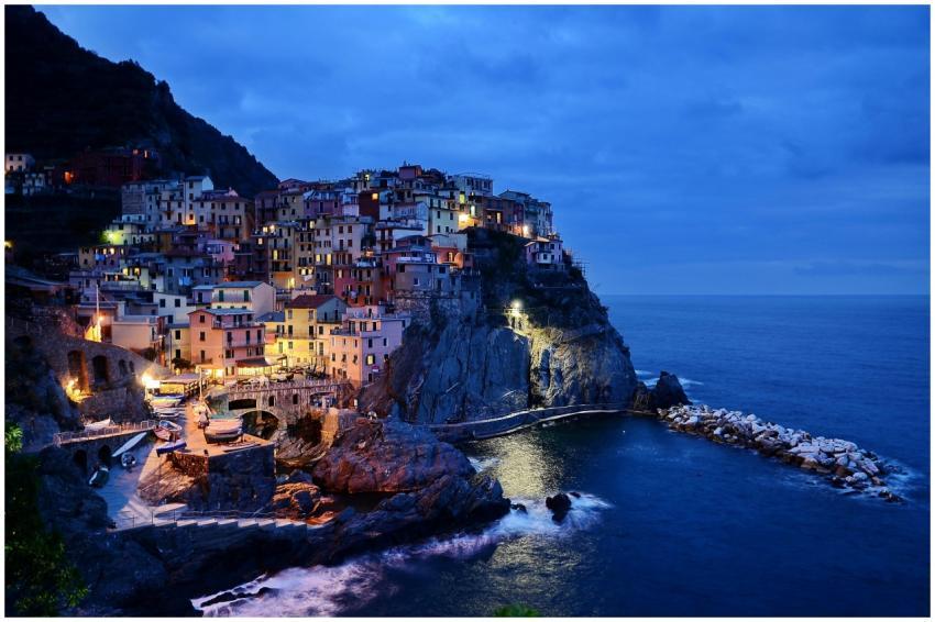 Beautiful night view of the colorful cliffside vil