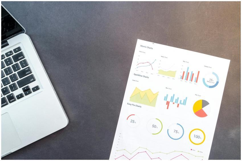 Modern desk setup with a laptop and analytical cha