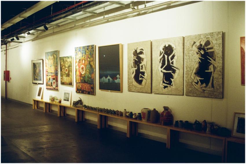 Explore a vibrant art exhibit in an indoor gallery