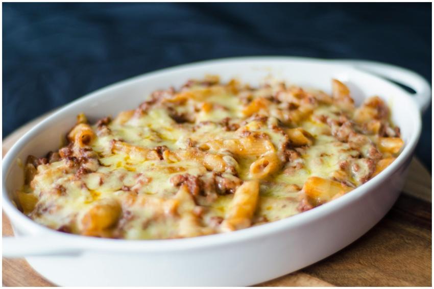 Close-up of a homemade baked macaroni and cheese i