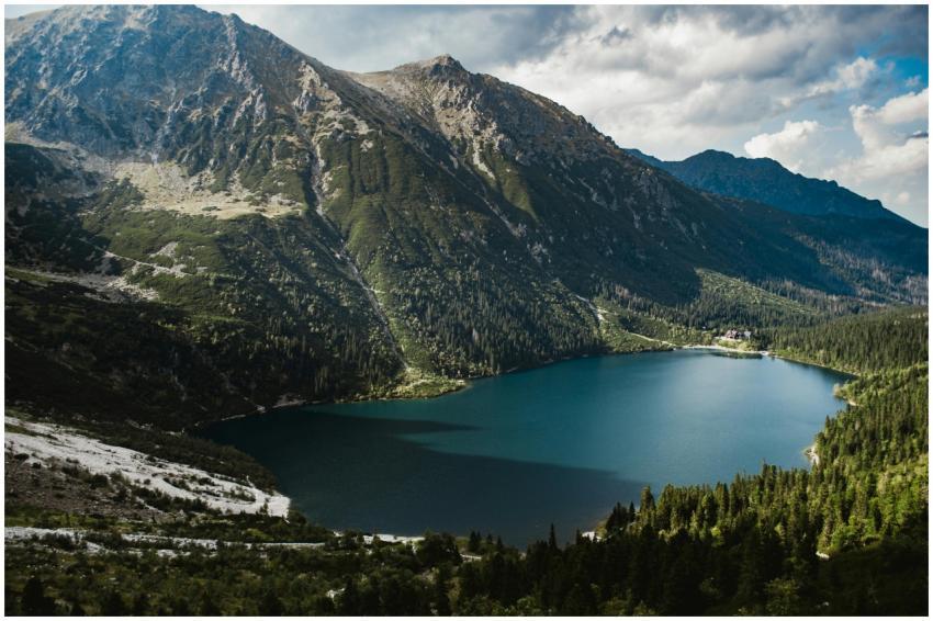 Breathtaking view of a serene mountain lake surrou