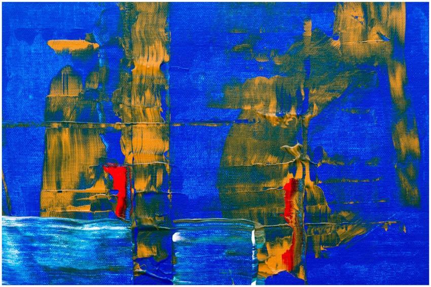 Dynamic abstract painting with textured blue, yell