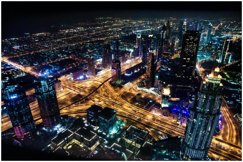 A stunning aerial view of Dubai's illuminated skyl