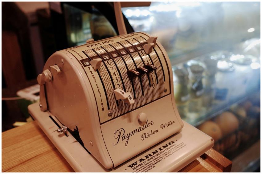 Close-up of a vintage Paymaster Ribbon Writer on a