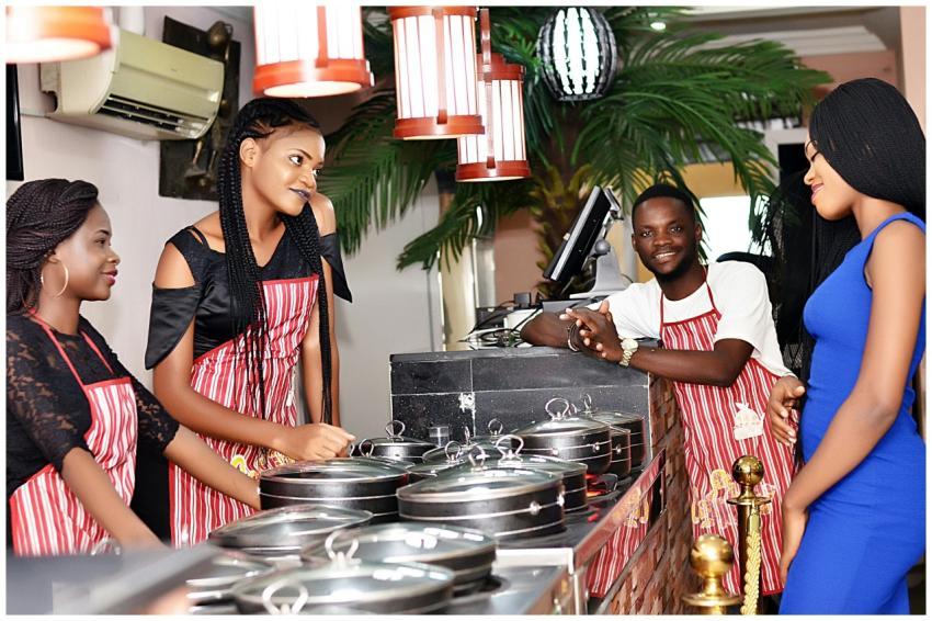 Friendly interaction among restaurant workers and