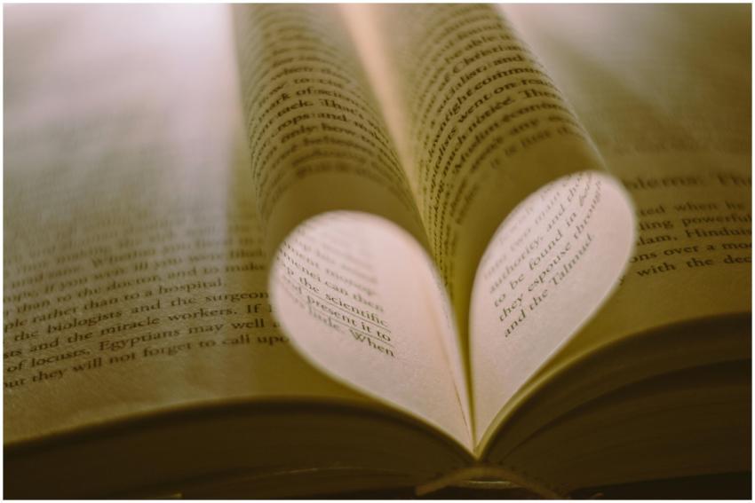 Creative heart shape formed by book pages under wa