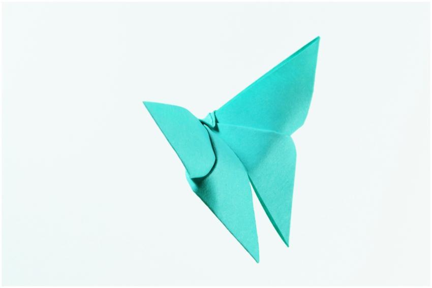 A vibrant blue origami butterfly crafted from pape
