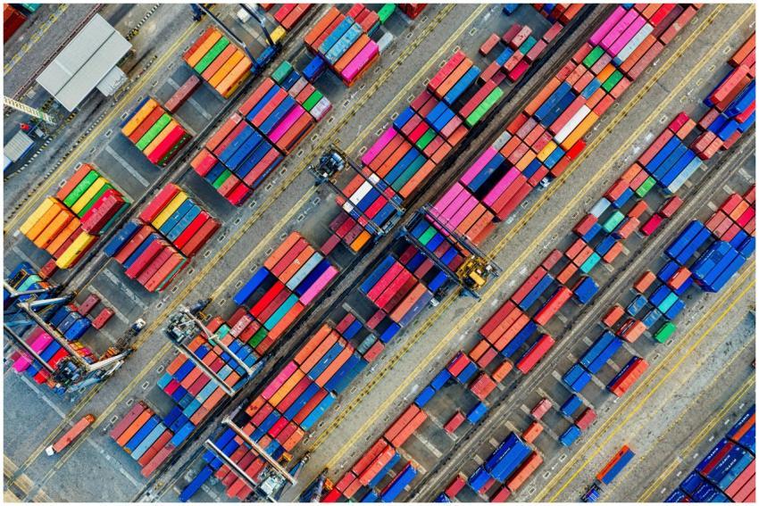 Aerial view of vibrant shipping containers at a bu