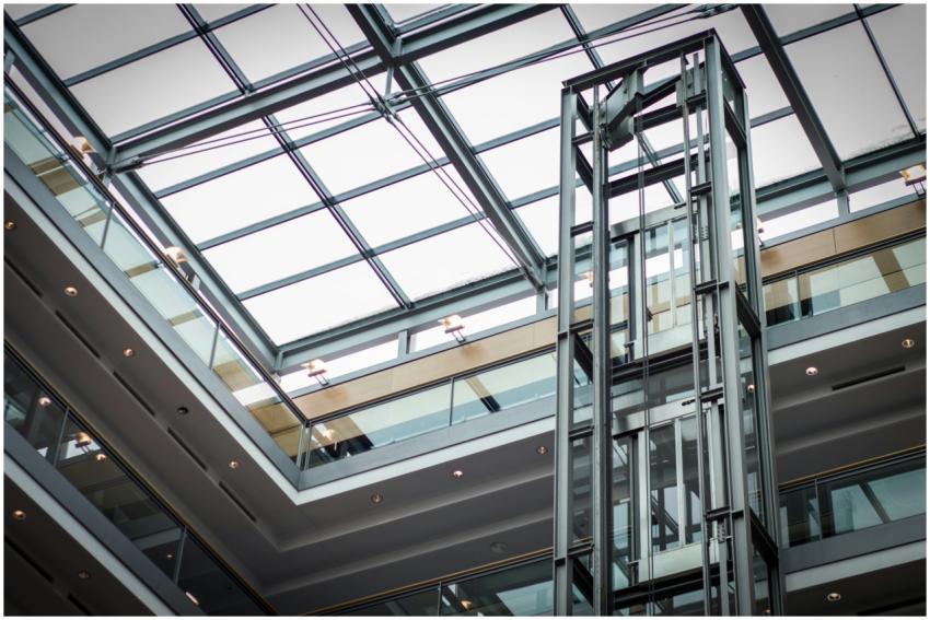 Low angle view of a modern building interior with