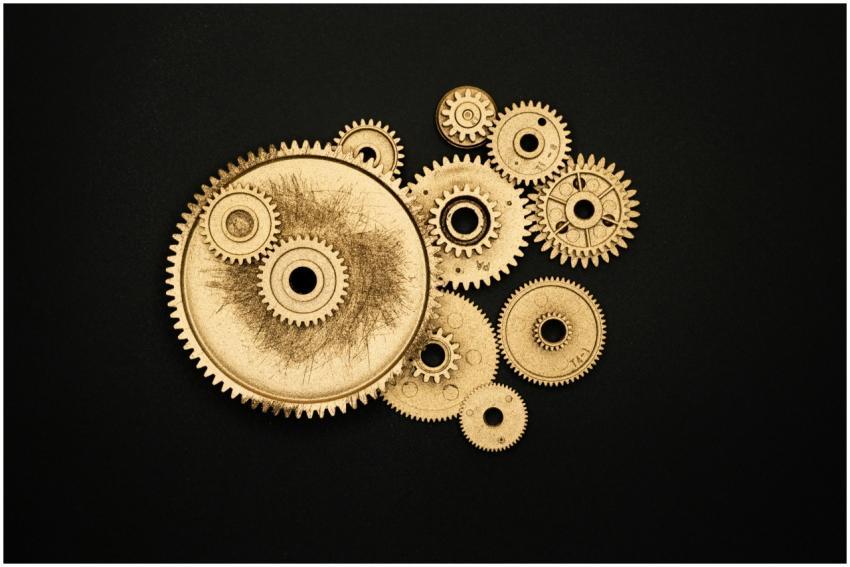Close-up of golden cogs and gears arranged on a bl