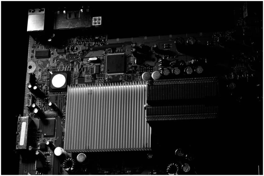 Detailed black and white photo of a computer mothe