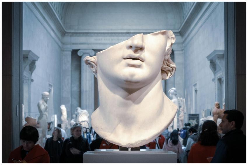 Greek marble head bust on display in a New York Ci