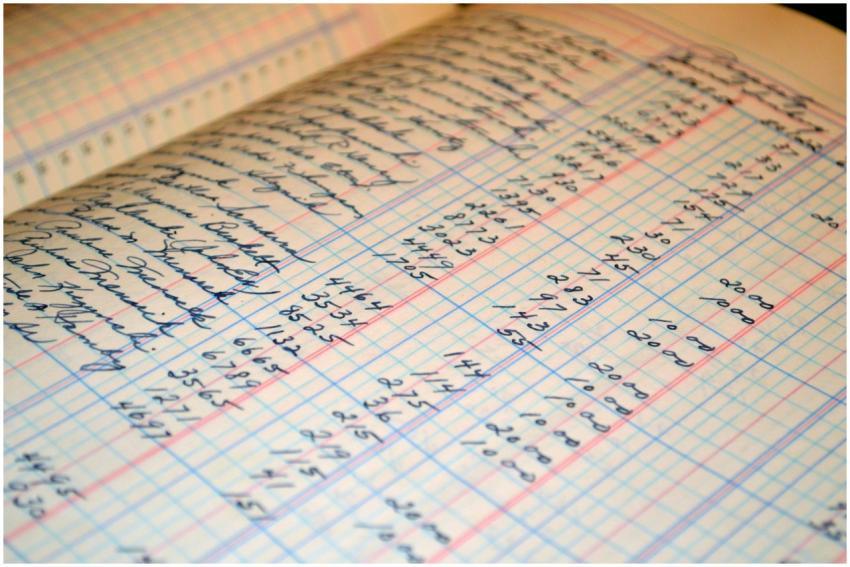 Close-up of a vintage handwritten ledger detailing