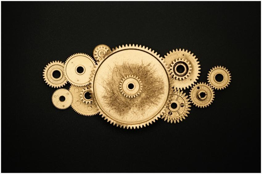 Artistic arrangement of gold gears on a black back