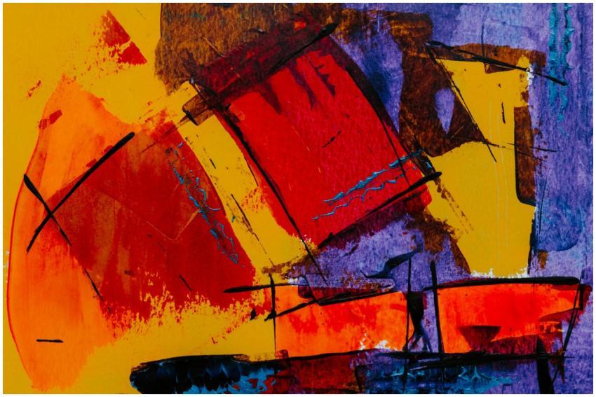 Colorful abstract painting blending red, purple, a