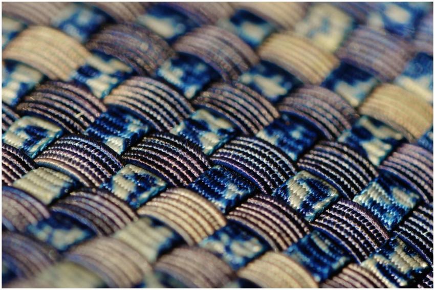 Close-up view of a colorful woven textile showcasi