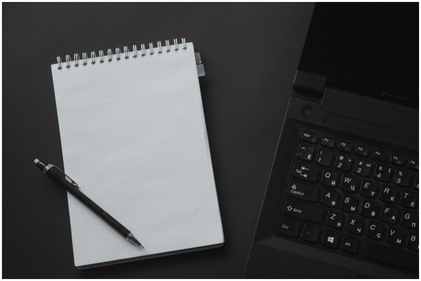 Flat lay of an office workspace with a laptop, not