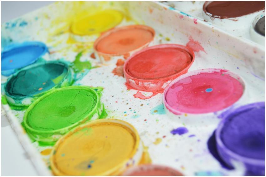 Close-up of a colorful watercolor paint palette sh