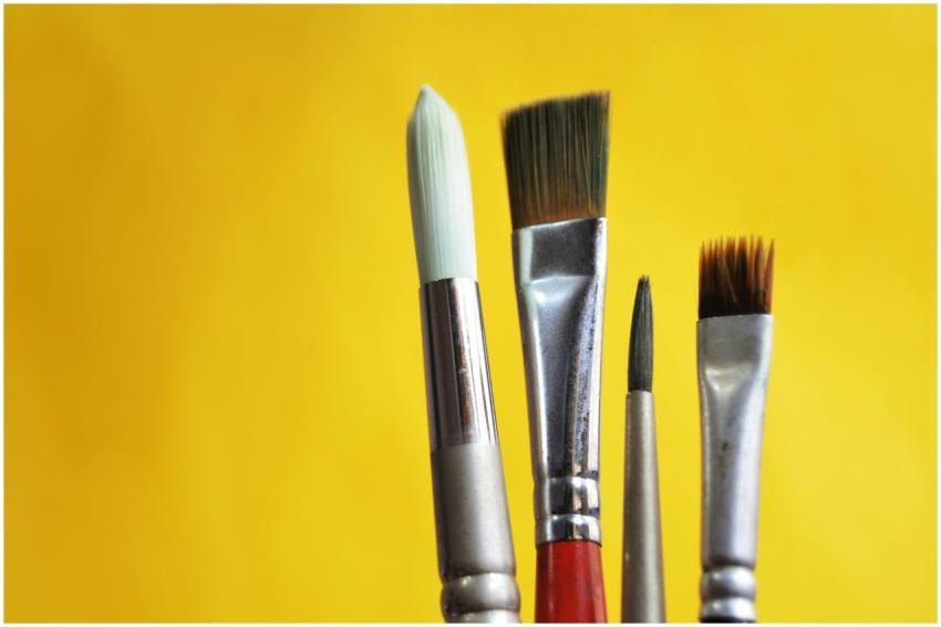 Close-up of varied paint brushes against a bright