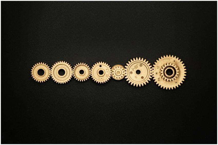 An artistic arrangement of golden gears on a dark