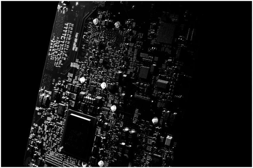 Detailed black and white close-up of a circuit boa