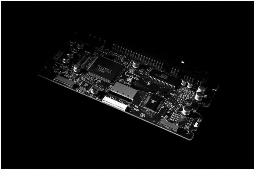 Detailed black and white image of a computer circu