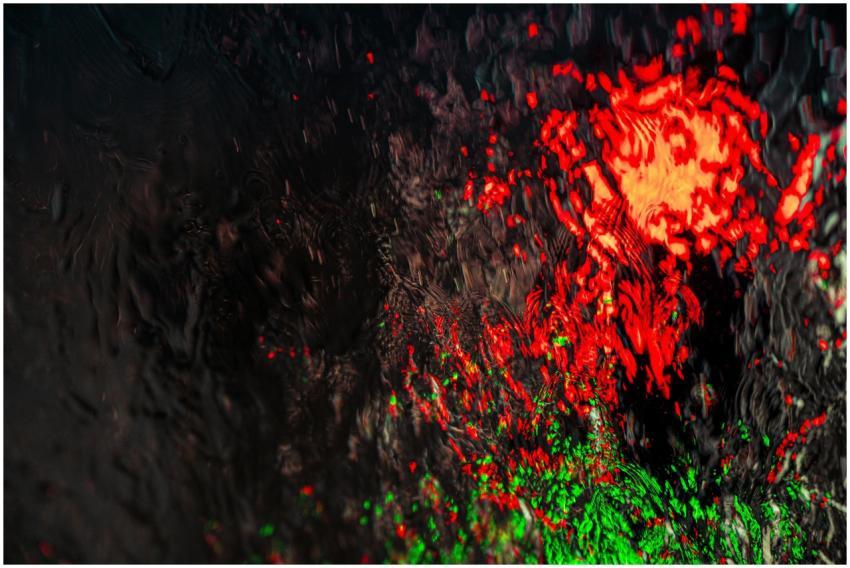 A dynamic abstract artwork with vibrant red and gr