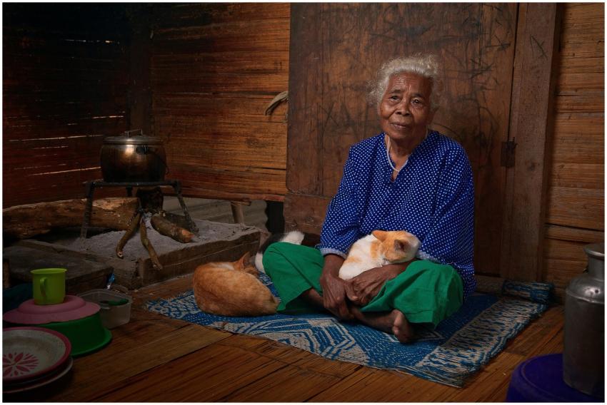Elderly woman in a traditional room relaxing with
