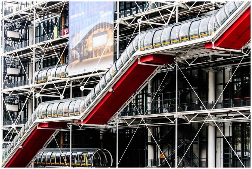 Detailed view of the Centre Pompidou's modern faca