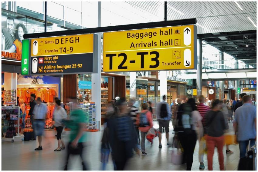 Crowded airport with motion blur and clear signage