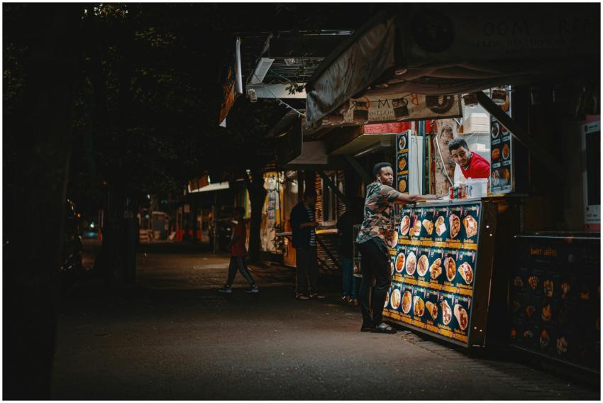 A vibrant night scene capturing an interaction at