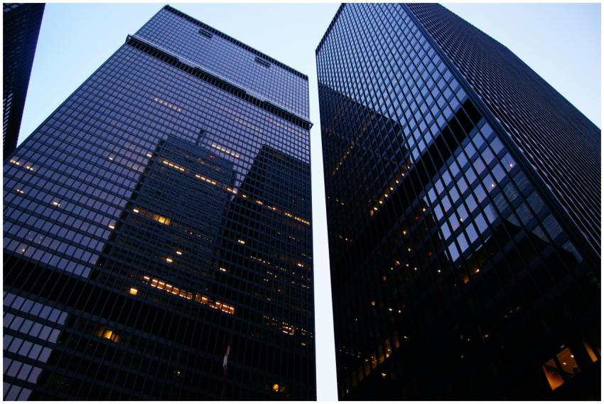 Dramatic low angle view of Toronto's skyscrapers r