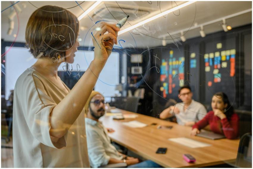 Team members brainstorm with ideas on a clear boar