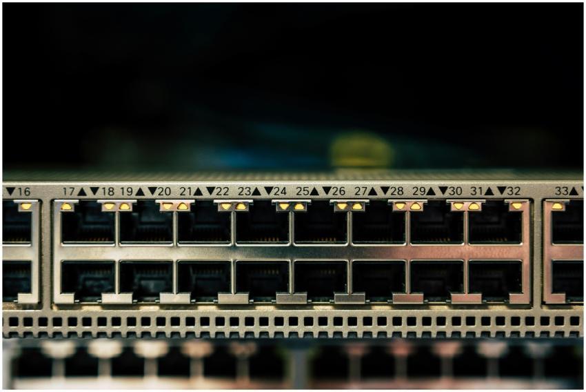 Detailed view of a network switch featuring multip