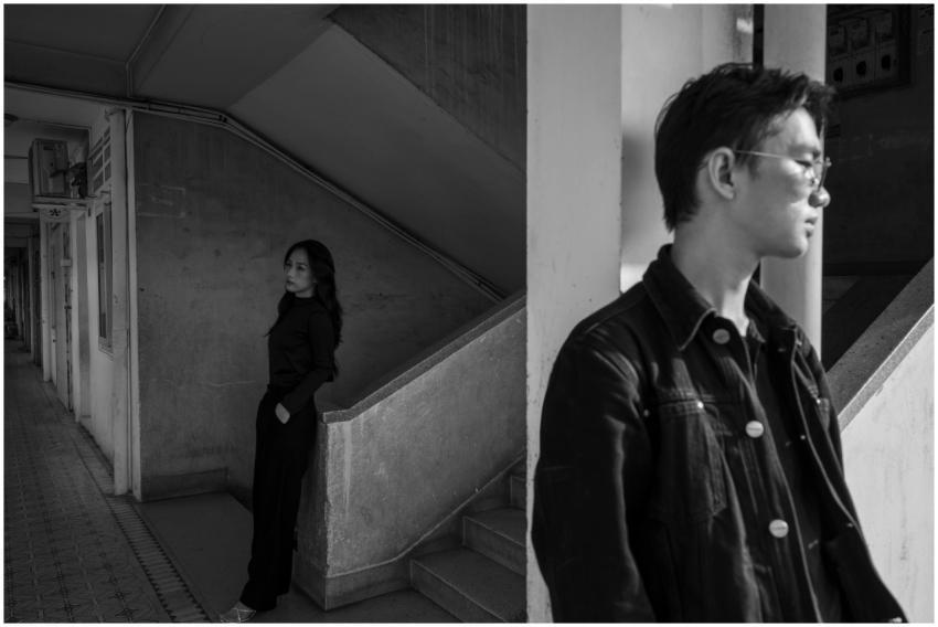 Monochrome portrait of two adults in an urban sett