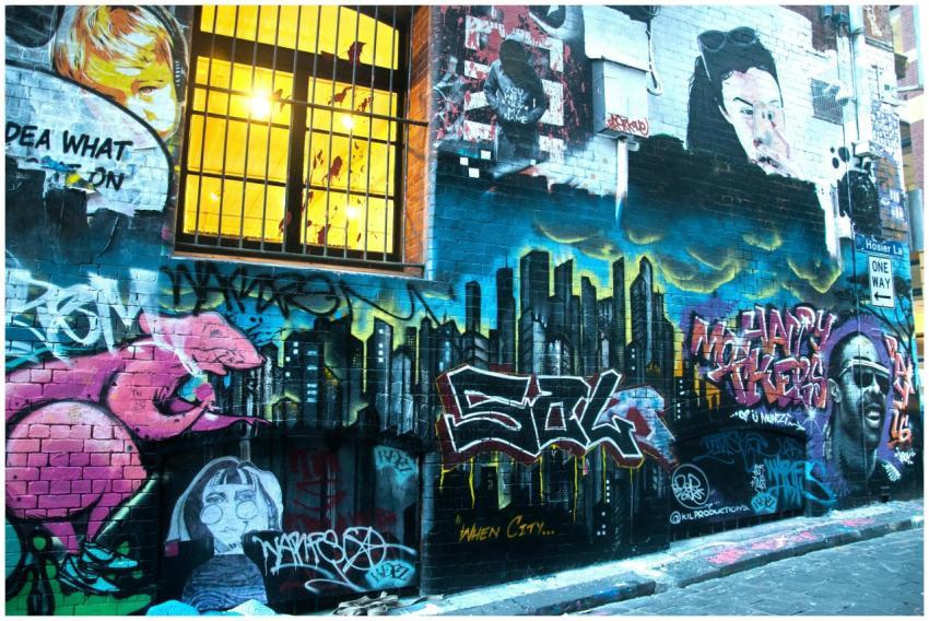 Vivid graffiti art on an urban brick wall in a cit