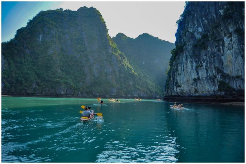 Explore a tranquil bay surrounded by towering clif