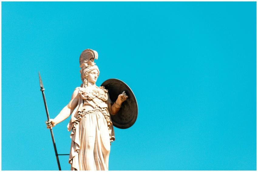 A photo of the Athena statue in Athens, showcasing