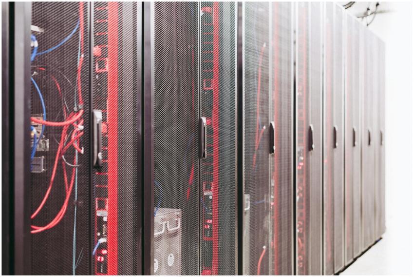 Modern data server room with network racks and cab