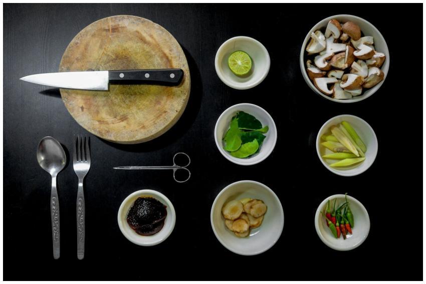 Aerial view of various cooking ingredients and ute
