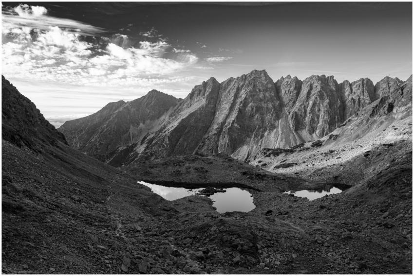 Black and white photo of Vysoké Tatry mountains re