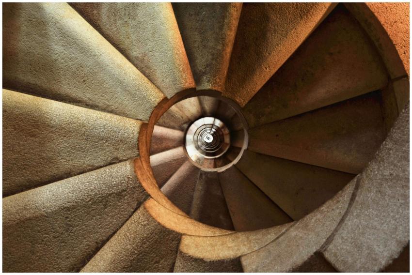 Close-up view of a spiral stone staircase showcasi