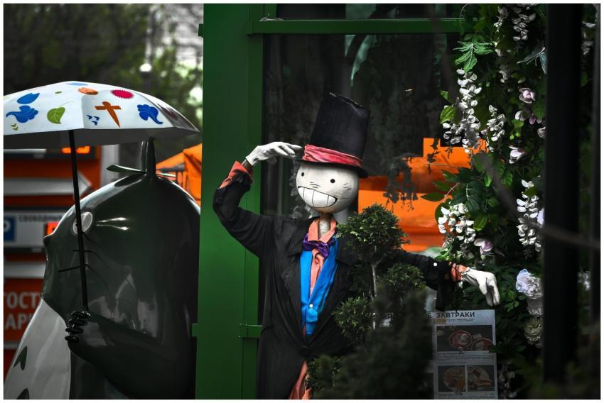 Colorful artistic street decor with whimsical figu